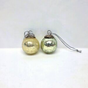 Crackle Kugel Style Christmas Ornament Lot Thick Glass Ball Green Gold Mini 1.5"